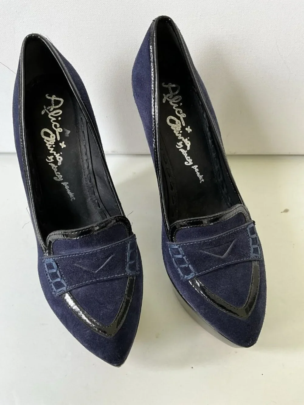 Alice + Olivia Navy Suede Penny Loafer Wedge Pumps Platform Heels EU 38 US7.5